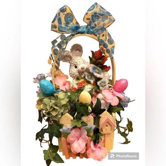 New! Handcrafted Easter Bunny Basket Floral Decor or Spring Centerpiece - Picture 7 of 7